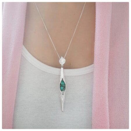 Turquoise Seedpod pendant handcrafted in textured sterling silver, ethical Irish jewellery by Caraliza Designs