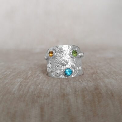 Harmony, Wisdom and Understanding, wide band textured gemstone ring, Irish jewellery ethically handcrafted in sterling silver by Caraliza Designs