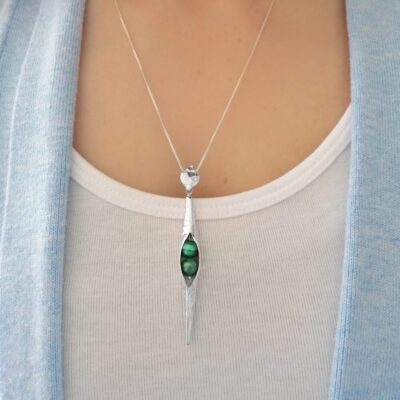 Malachite Hammered Seedpod Pendant, Irish jewellery ethically handcrafted in sterling silver by Caraliza Designs
