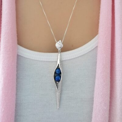 Lapis Lazuli Hammered Seedpod Pendant, Irish jewellery ethically handcrafted in sterling silver by Caraliza Designs