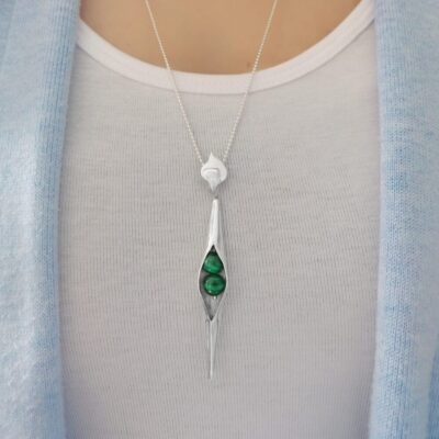 Malachite Seedpod pendant handcrafted in sterling silver, ethical Irish jewellery by Caraliza Designs