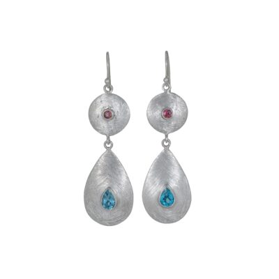 Ancient Geometry Pink Tourmaline Blue Topaz earrings, Irish jewellery handcrafted in sterling silver by Caraliza Designs