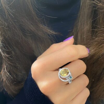 Lemon Topaz and Blue Topaz Satellite Ring, Irish jewellery ethically handcrafted in sterling silver by Caraliza Designs