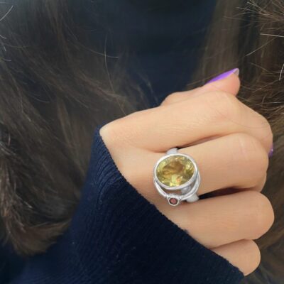 Lemon Topaz and Pink Tourmaline Satellite Ring, ethical Irish jewellery handcrafted in sterling silver by Caraliza Designs