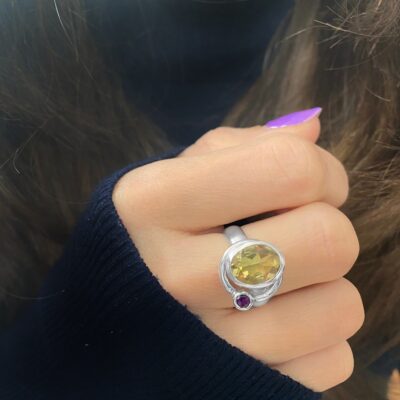 Lemon Topaz and Amethyst Satellite Ring, ethical Irish jewellery handcrafted in sterling silver by Caraliza Designs