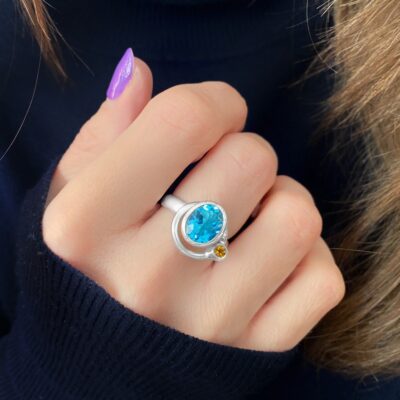 Blue Topaz Citrine Satellite Ring, Irish jewellery ethically handcrafted in sterling silver by Caraliza Designs