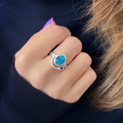 Blue Topaz Amethyst Satellite Ring, Irish jewellery ethically handcrafted in sterling silver by Caraliza Designs