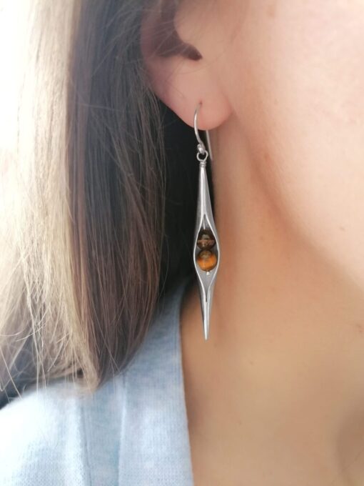 Tiger's Eye Seedpod earrings, Irish jewellery ethically handcrafted in sterling silver by Caraliza Designs