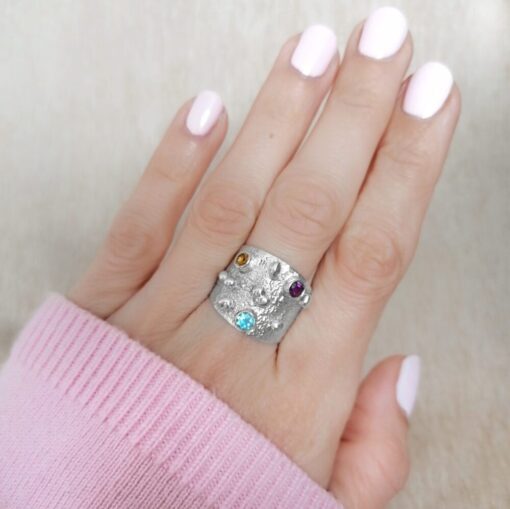 Harmony, Wisdom and Understanding wide-band textured ring, Irish jewellery ethically handcrafted in sterling silver by Caraliza Designs
