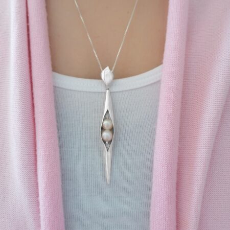 White Pearl Silver Seedpod Pendant, ethical jewellery handcrafted in sterling silver by Caraliza Designs