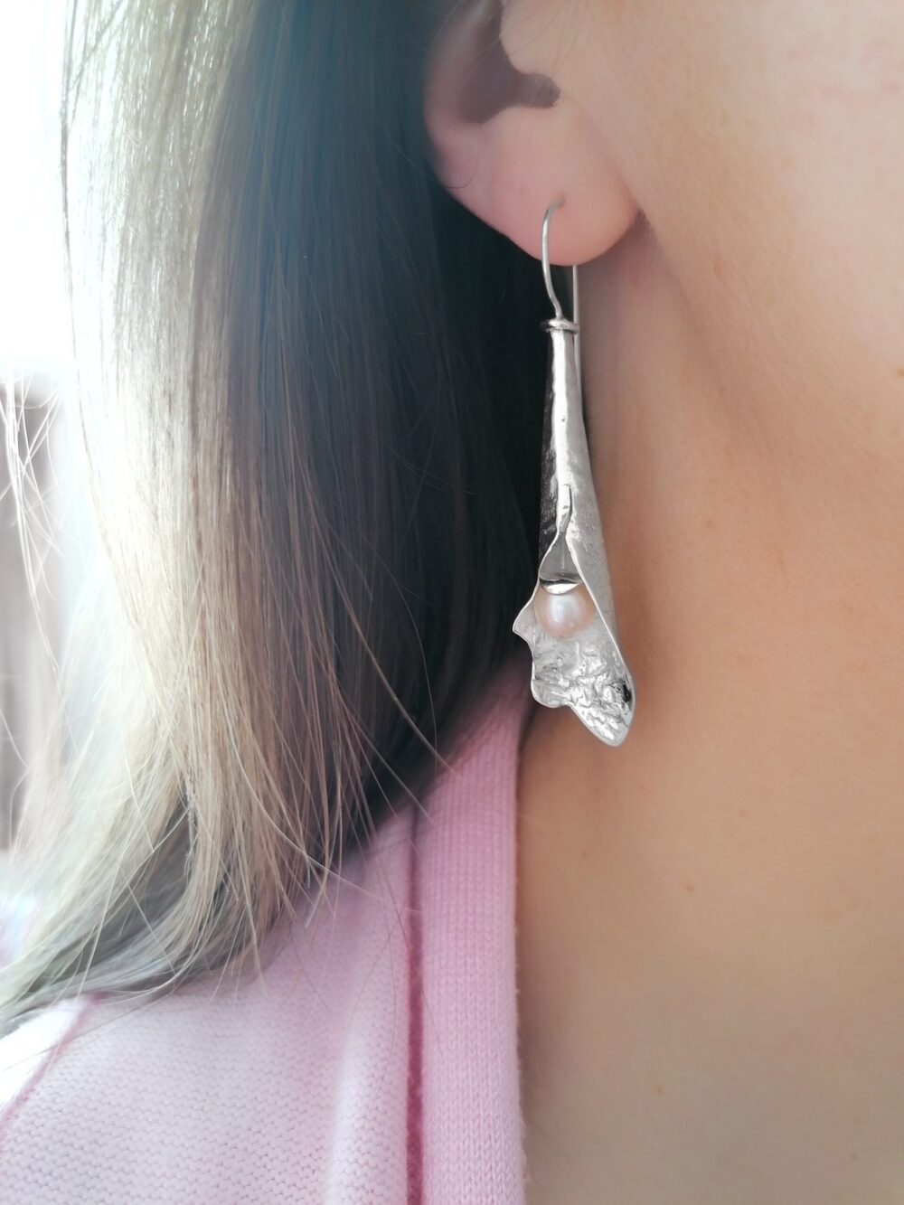 White Pearl Fuchsia earrings, Irish jewellery ethically handcrafted in textured sterling silver by Caraliza Designs