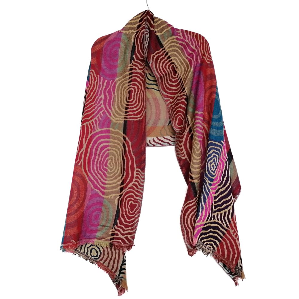 Gold and Raspberry Spirals Merino Wool Shawl by Caraliza Designs