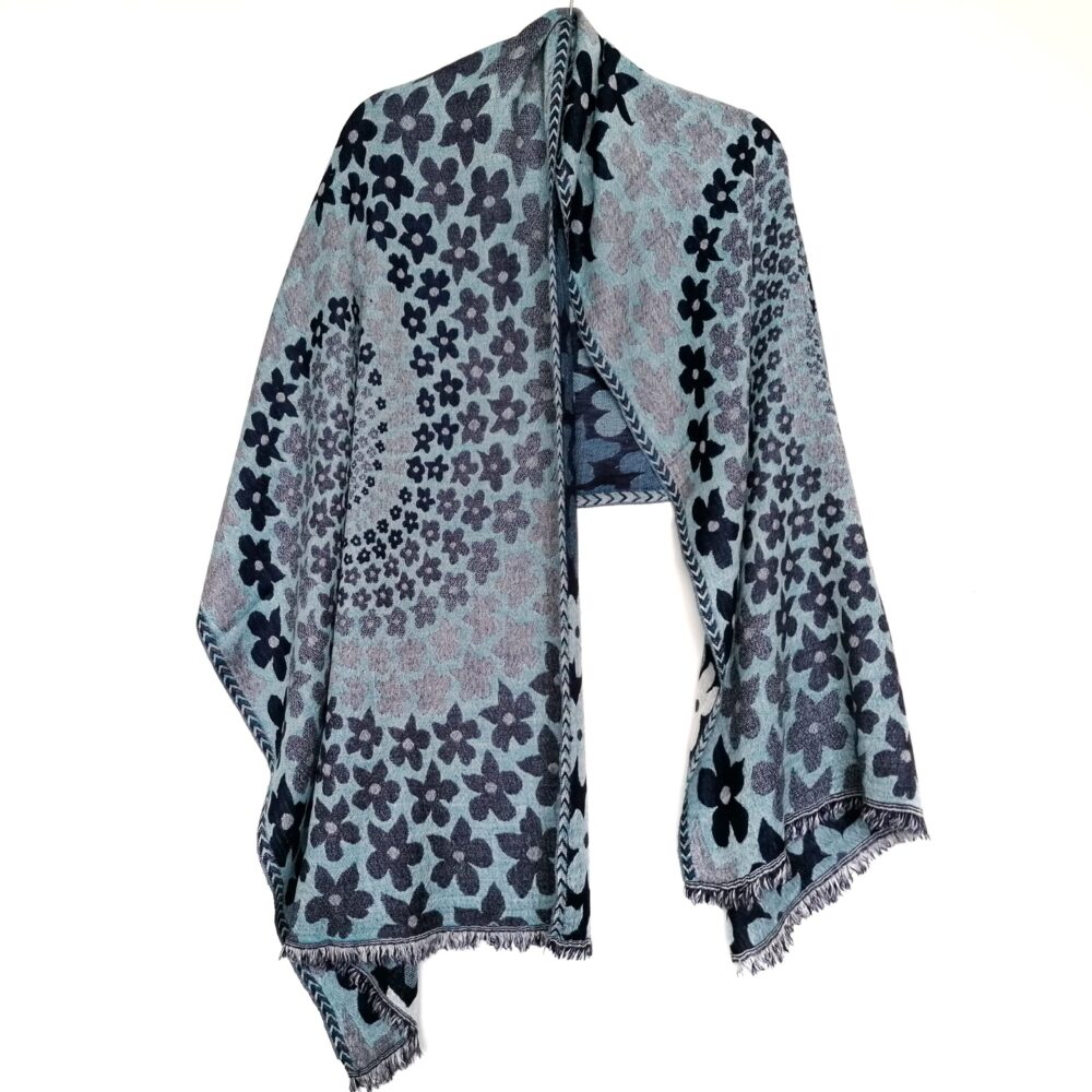 Ink Blue Daisies Merino Wool Shawl By Caraliza Designs