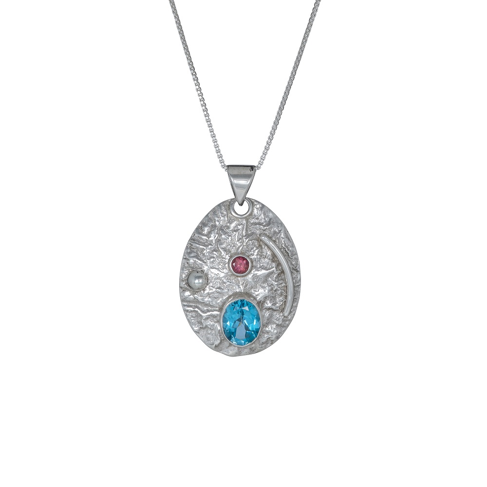 You Are My Universe Blue Topaz and Pink Tourmaline textured pendant, Irish jewellery ethically handcrafted by Caraliza Designs
