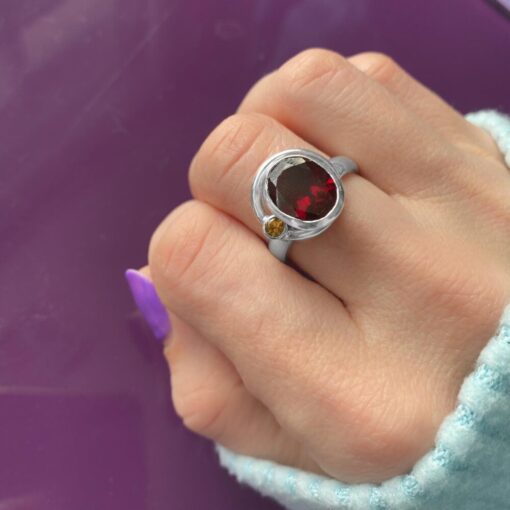 Garnet and Citrine Satellite Ring, Irish jewellery ethically handcrafted by Caraliza Designs