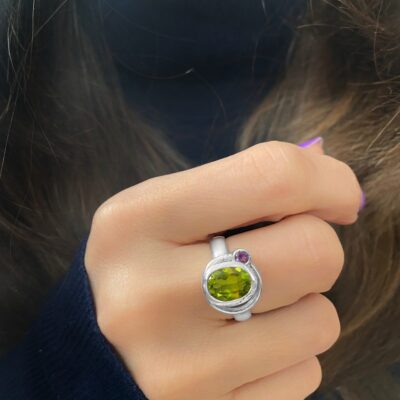 Peridot Amethyst Satellite Ring, ethical Irish jewellery handcrafted in sterling silver by Caraliza Designs