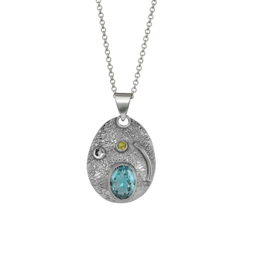 You Are My Universe Blue Topaz and Peridot textured silver pendant, Irish jewellery ethically handcrafted in sterling silver by Caraliza Designs