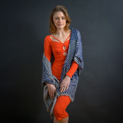 Indigo Spirals merino wool shawl, ethical fashion by Caraliza Designs