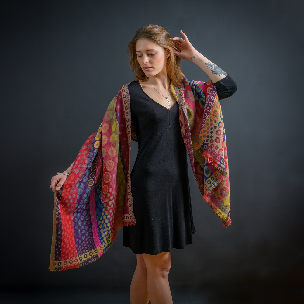 Disco Kandinsky merino wool shawl, ethical fashion by Caraliza Designs