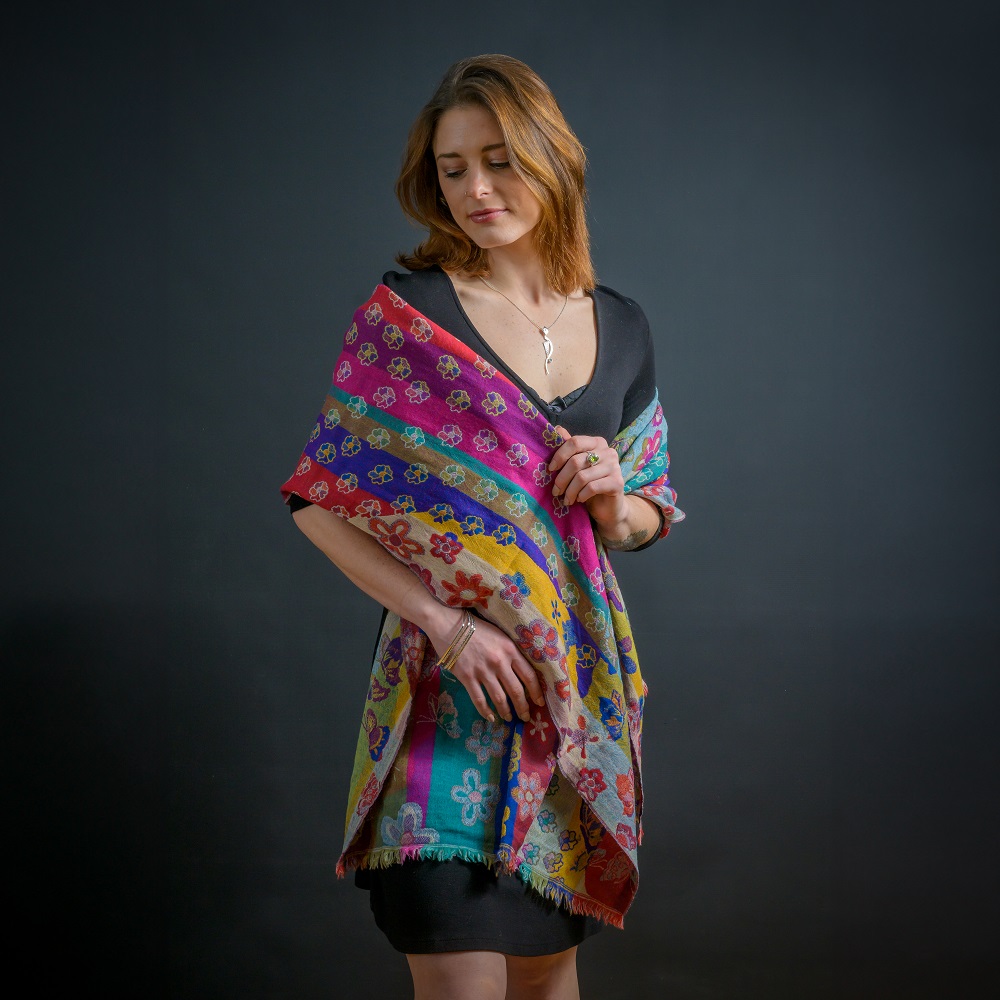 Rainbow Butterfly Garden merino wool shawl, ethical fashion by Caraliza Designs