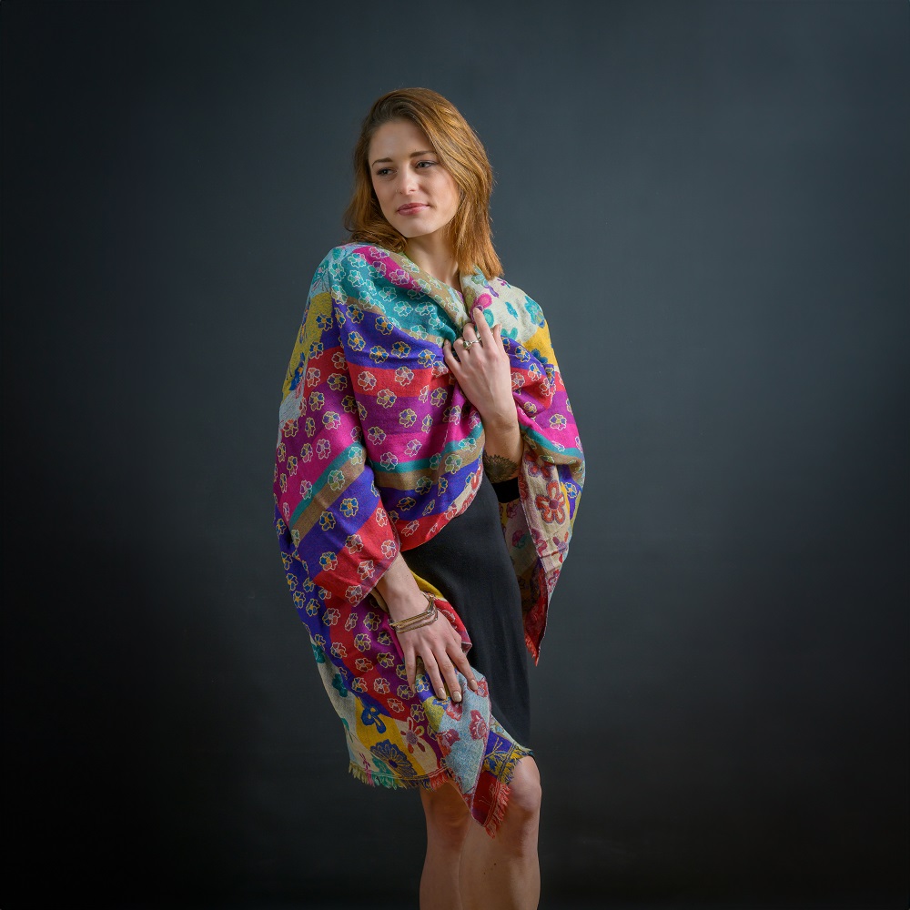 Rainbow Butterfly Garden merino wool shawl, ethical fashion by Caraliza Designs