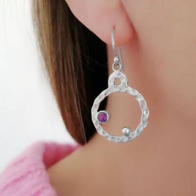 Cosmos Amethyst circle earrings handcrafted in hammered sterling silver, Irish jewellery by Caraliza Designs