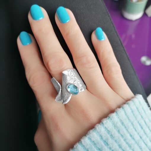 Blue Topaz Cocktail textured silver ring, Irish jewellery handcrafted in sterling silver by Caraliza Designs