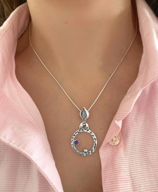 Cosmos Amethyst circle pendant, Irish jewellery handcrafted in sterling silver by Caraliza Designs