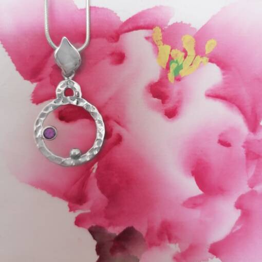 Cosmos Amethyst circle pendant, Irish jewellery handcrafted in sterling silver by Caraliza Designs