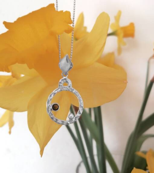 Cosmos Smoky Topaz circle pendant, Irish sterling silver jewellery by Caraliza Designs