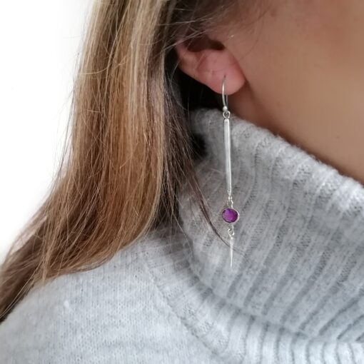 Long bar earring in sterling silver with Amethyst gemstone, Irish jewellery by Caraliza Designs