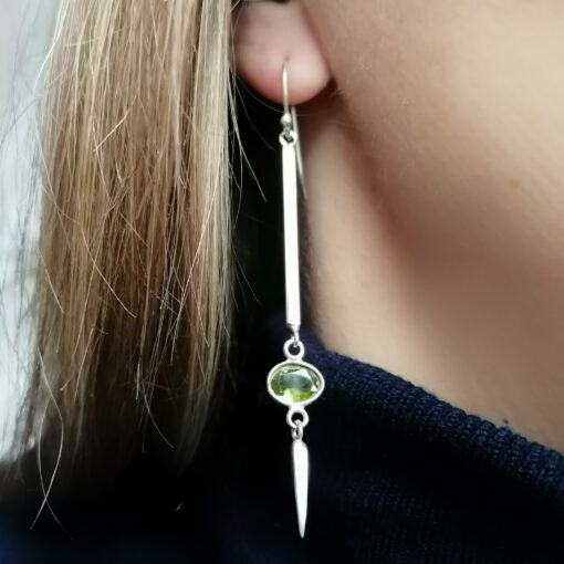 Long bar earring in sterling silver with Peridot gemstone, Irish jewellery by Caraliza Designs
